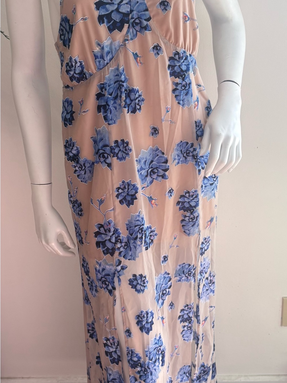 For Love & Lemons Blush Pink Maxi Dress with Blue Floral Print